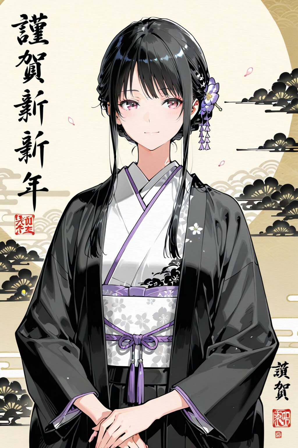 カリグラフィーを書く日本美人の水墨画