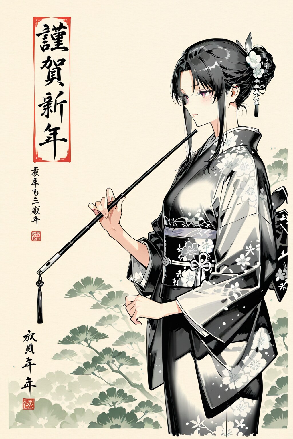 カリグラフィーを書く日本美人の水墨画 | の人気AIイラスト・グラビア