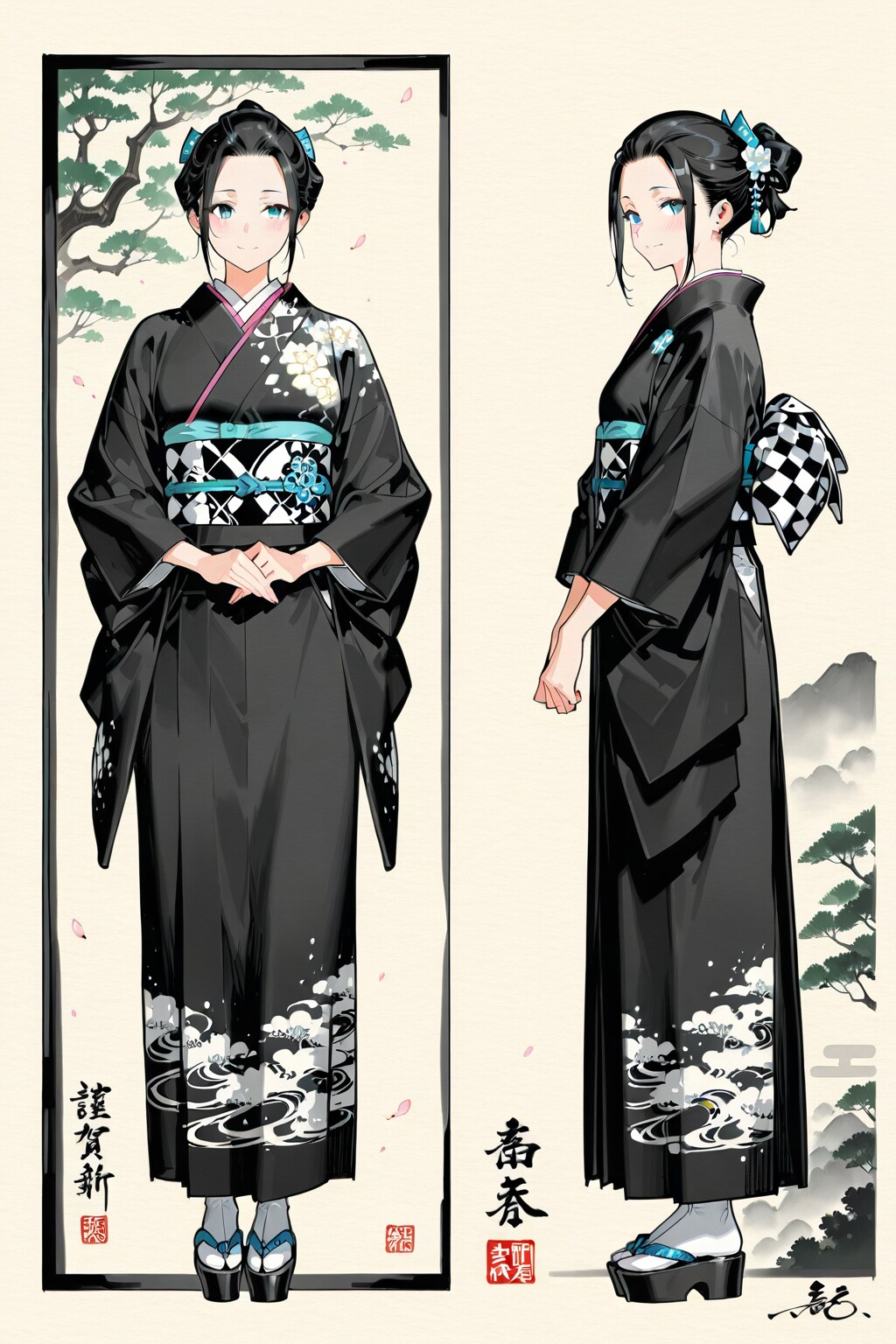 カリグラフィーを書く日本美人の水墨画