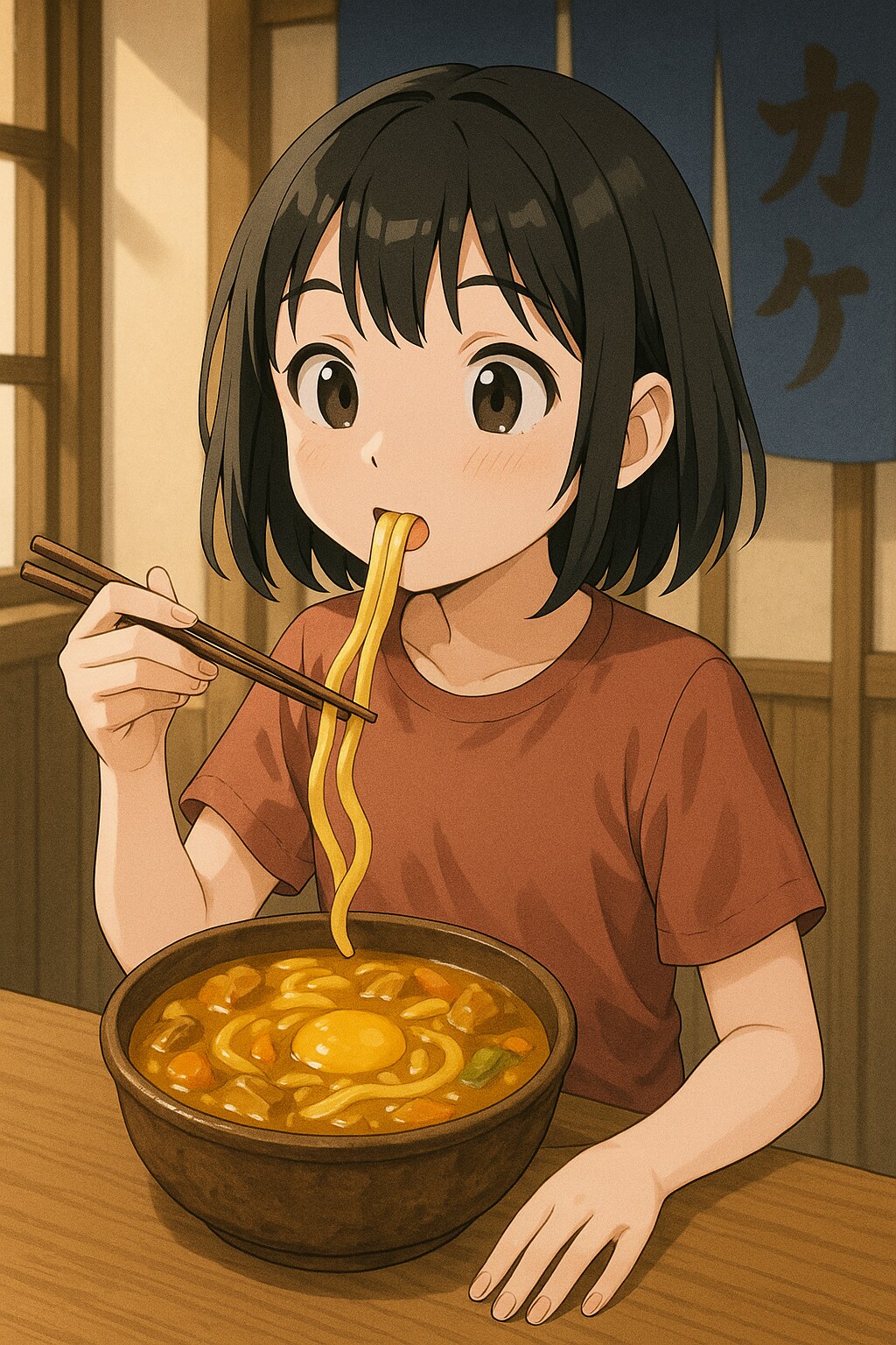 カレーうどんを食べている女の子