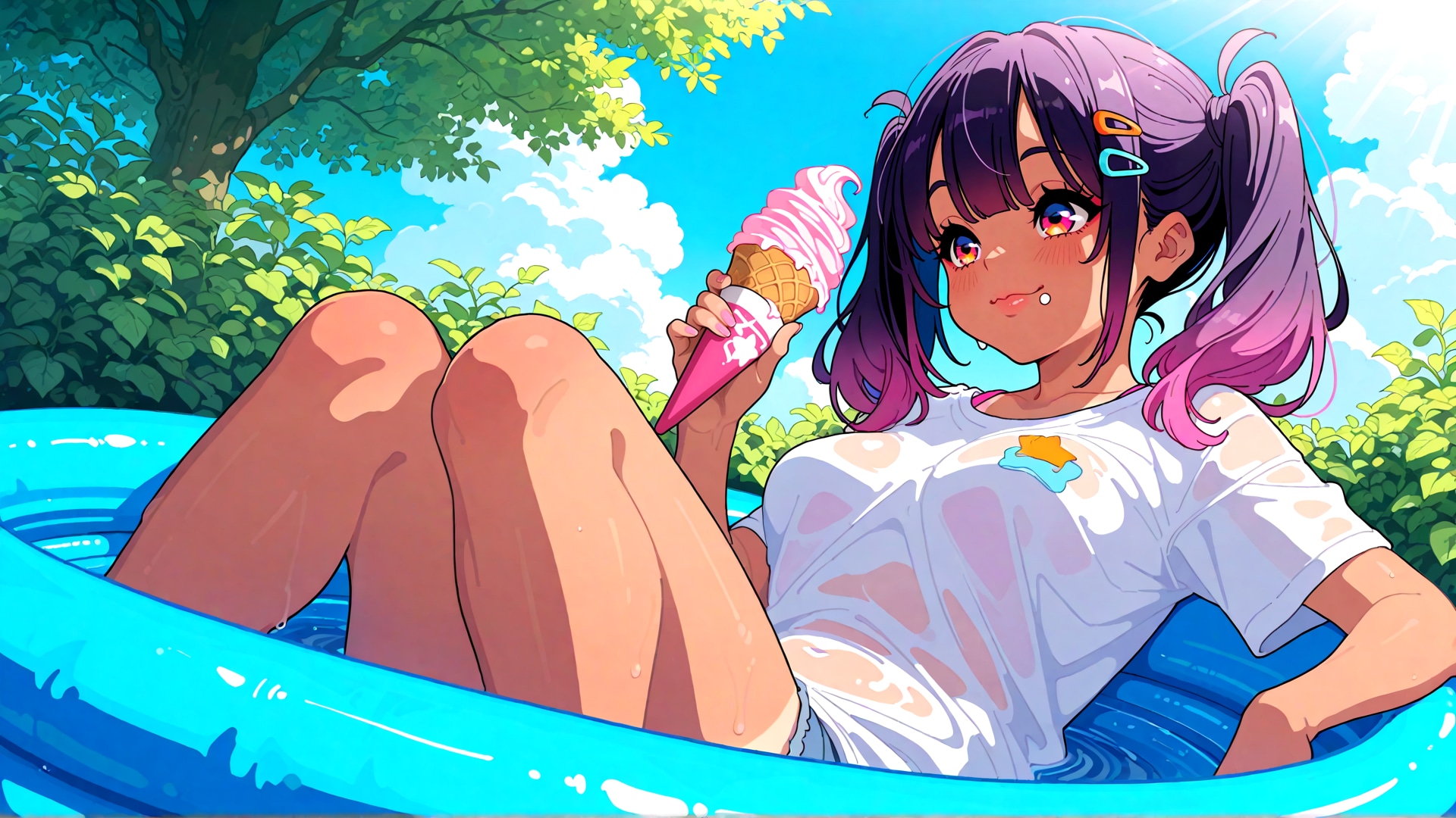 夏といえば日陰で水浴びしながらアイスっしょ