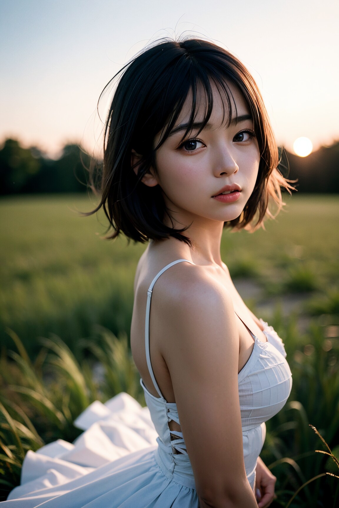 夕焼け草原と女の子