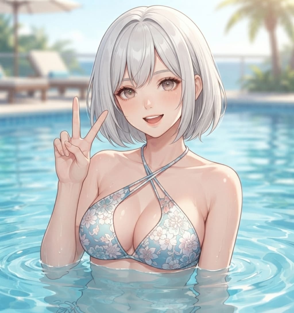 プールでピース