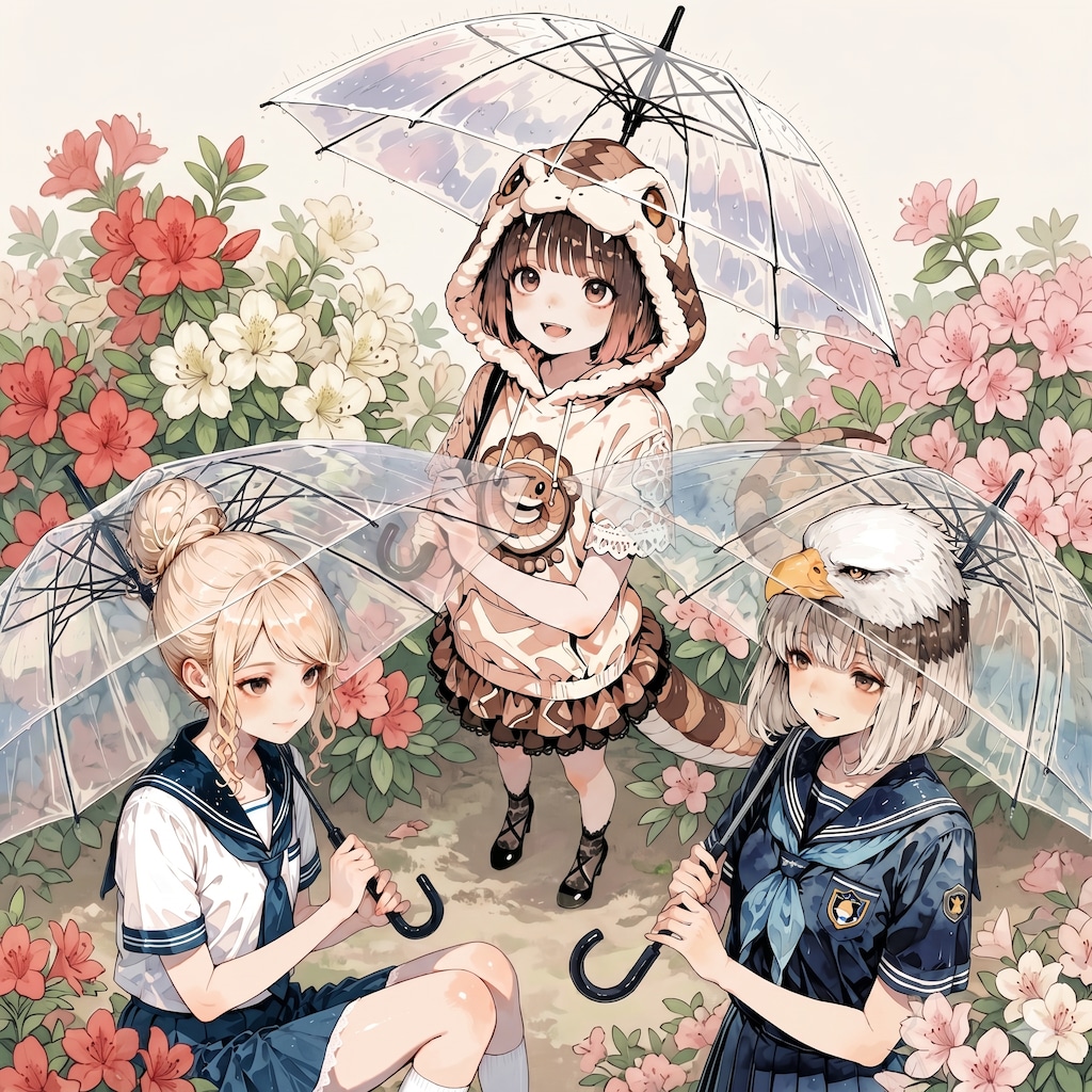 傘をさす少女達
