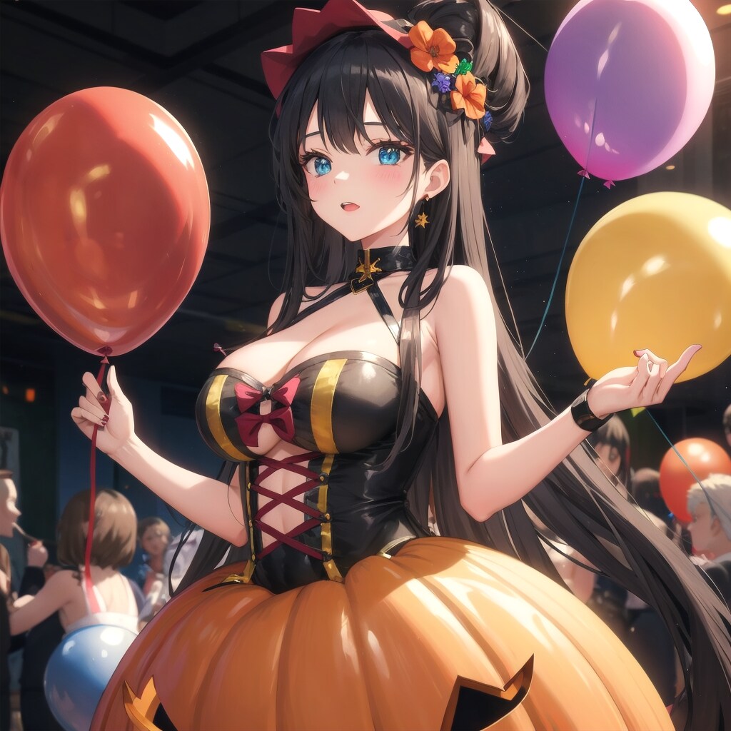 ハロウィンパーティーでいっぱい風船を持つハロウィン衣装の美女。 | の人気AIイラスト・グラビア