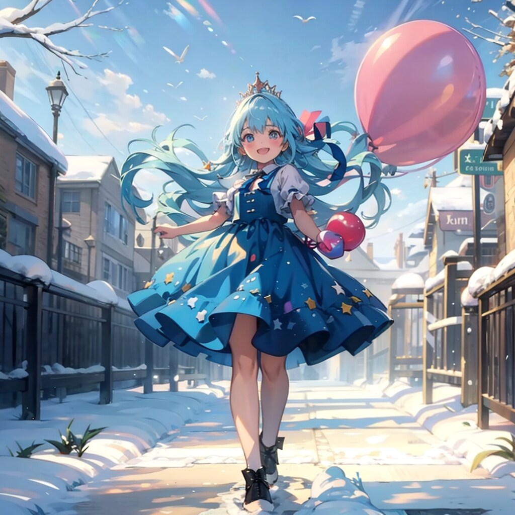 雪景色の街の名で風船を膨らませて遊ぶ青髪ロングのお姫様