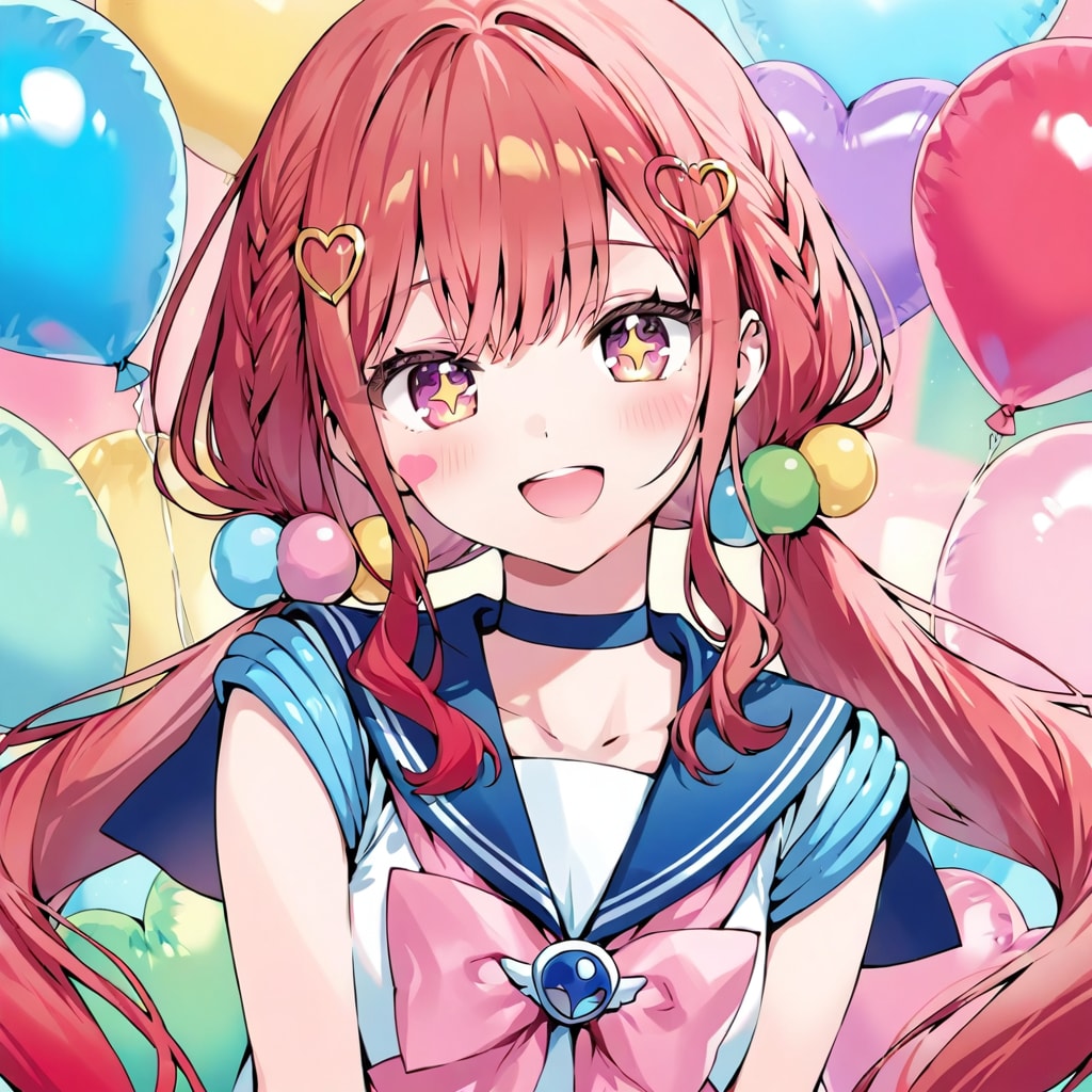 いっぱい色とりどりの風船を持つ赤い髪ツインテールのセーラー服着た美少女