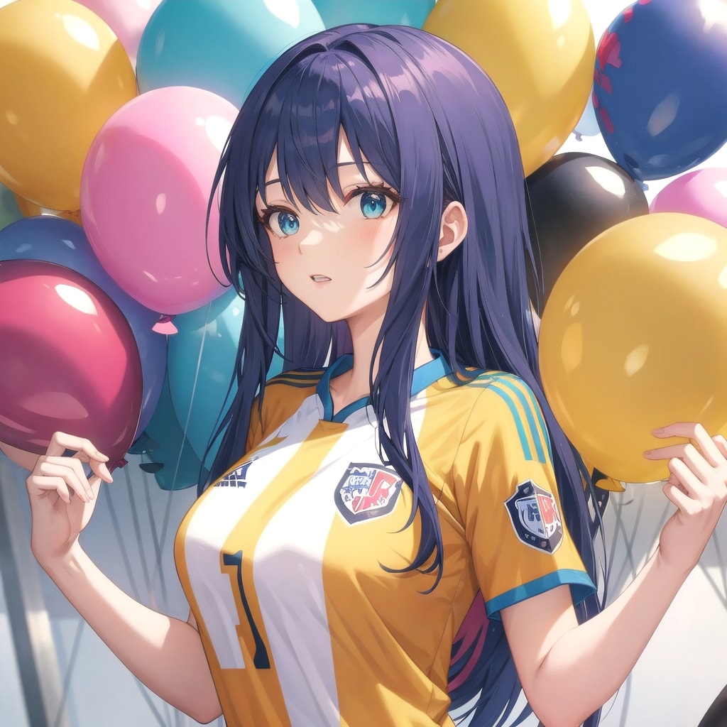 いっぱい色とりどりの風船を持つ青い髪ロングのサッカーユニフォーム着た美女