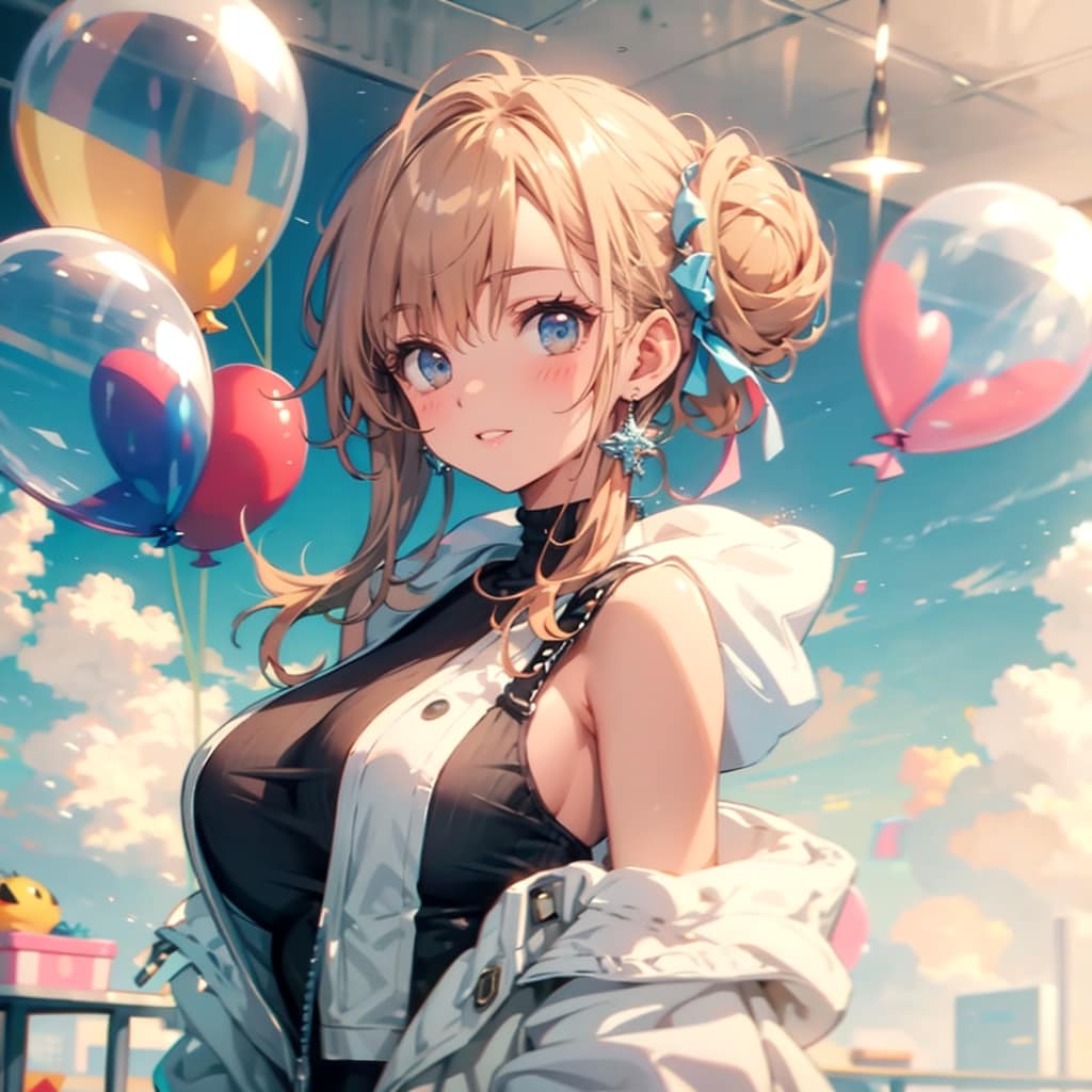 いっぱい色とりどりの風船を持つブロンドお団子ヘアの白衣の服着た美女