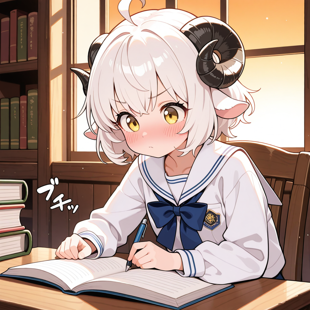 図書館で一生懸命に勉強するメイちゃん