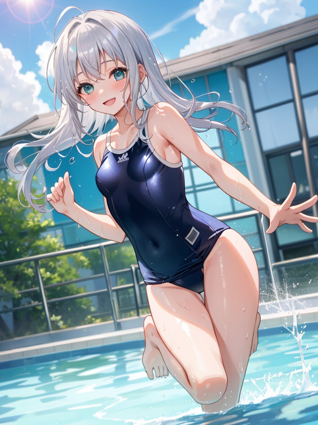 学校のプールではしゃぐ私。