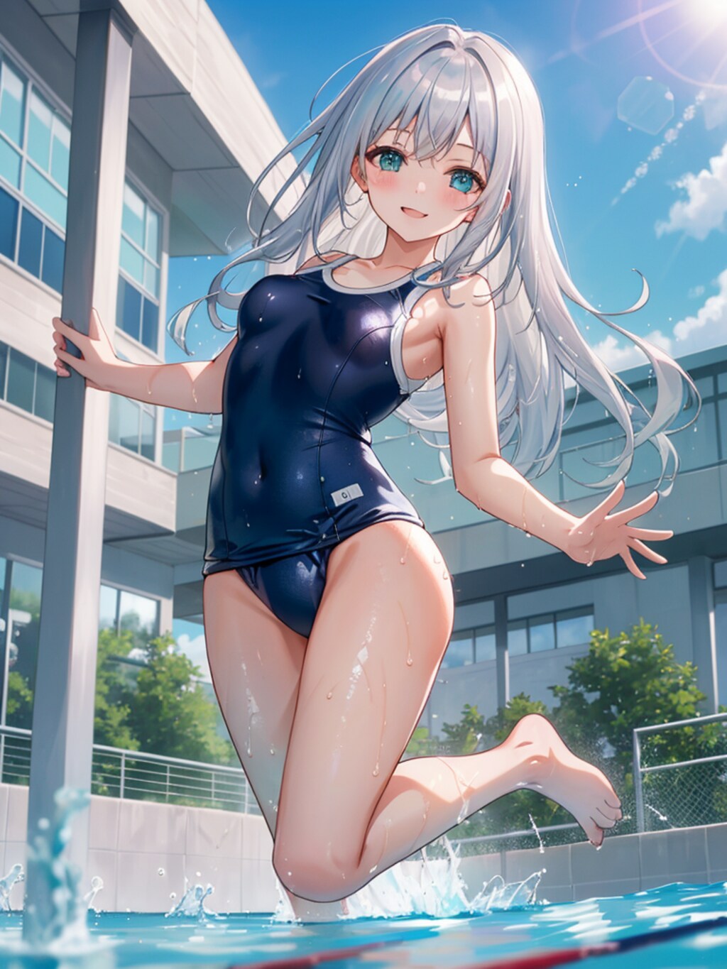 学校のプールではしゃぐ私。