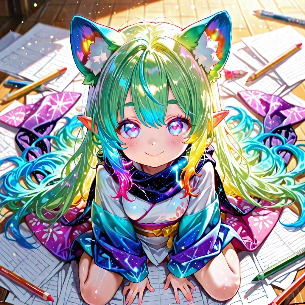 5枚) お絵描き中ケモ耳エルフさん