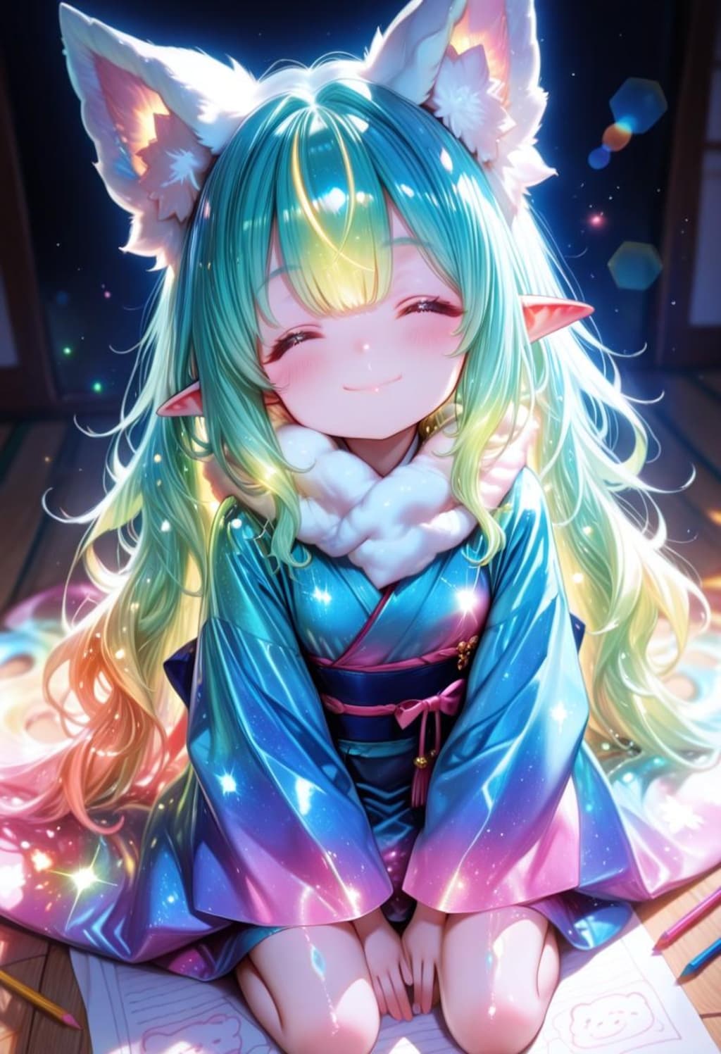 5枚) お絵描き中ケモ耳エルフさん