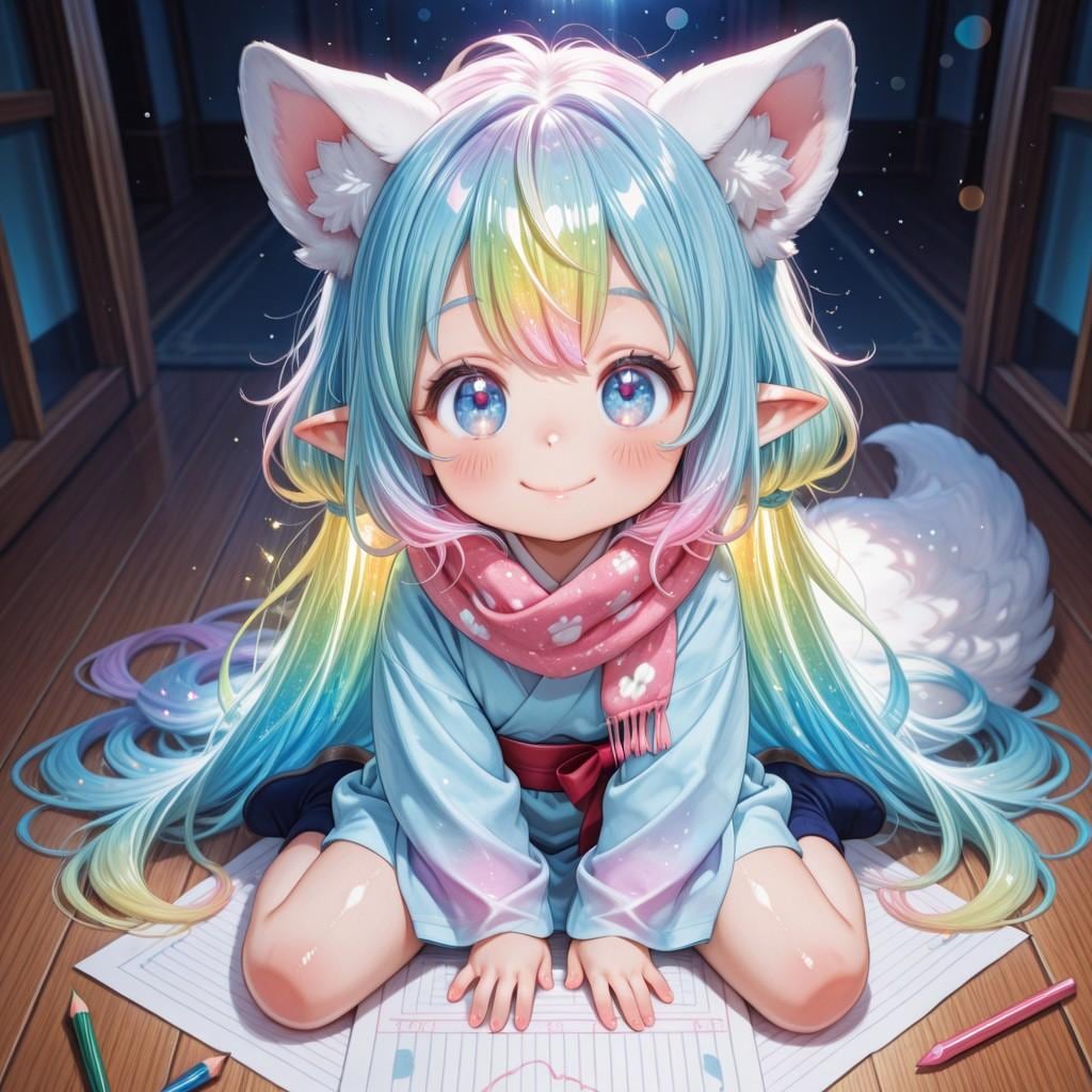 5枚) お絵描き中ケモ耳エルフさん