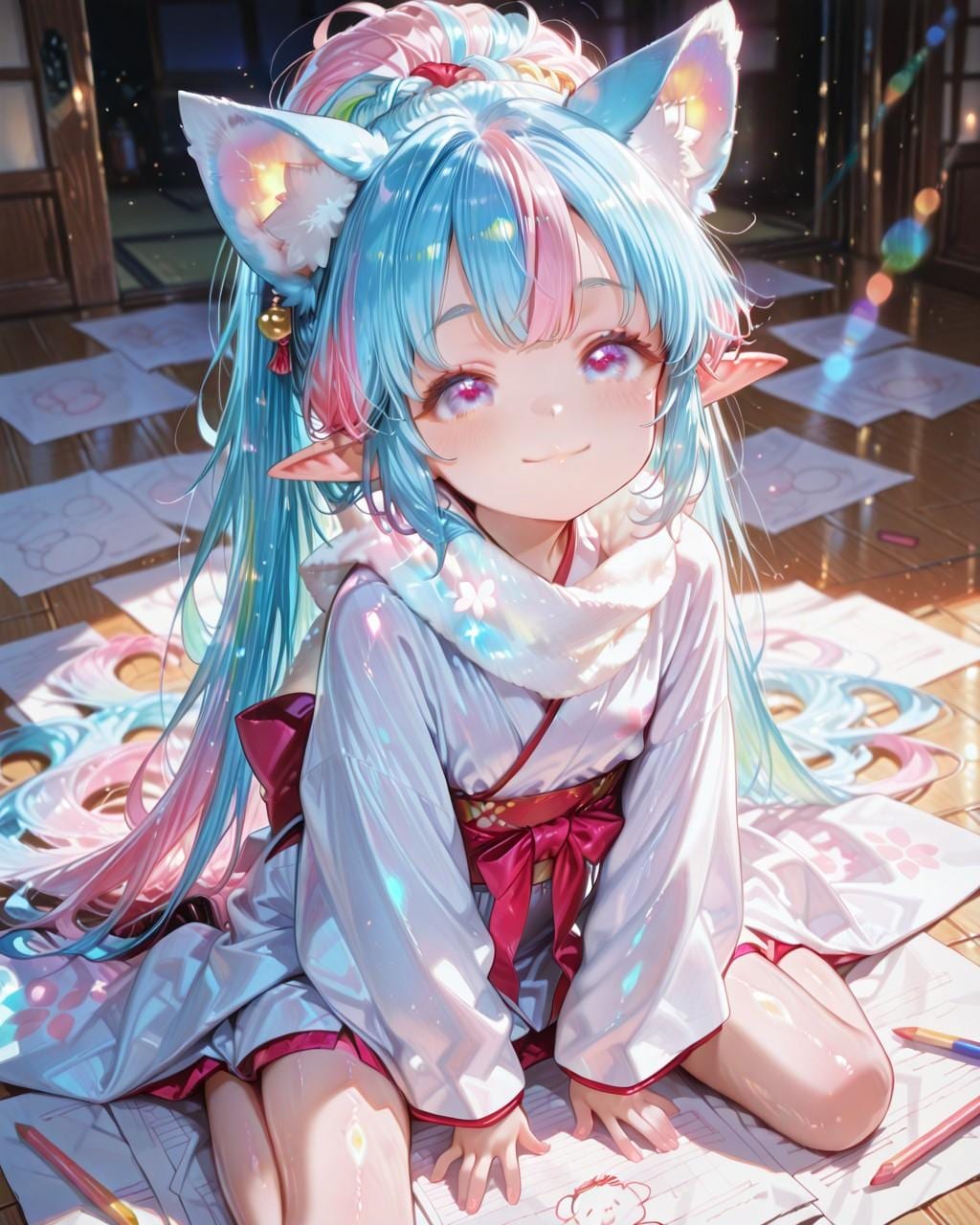 5枚) お絵描き中ケモ耳エルフさん