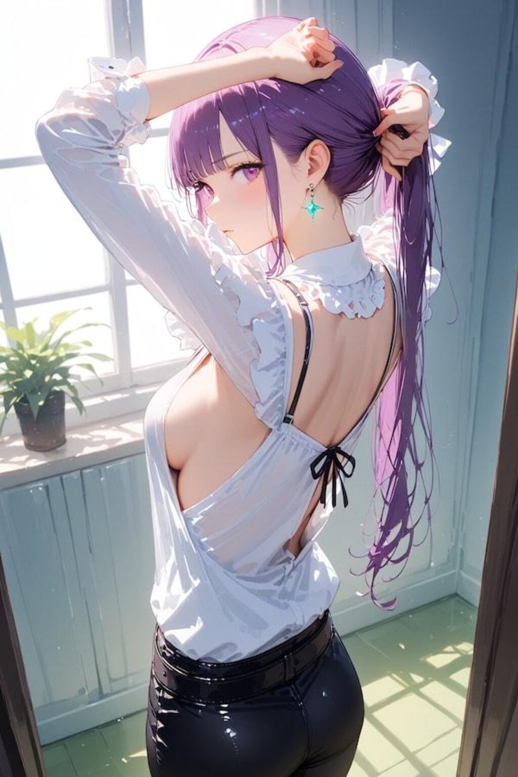 Seedream4.0コラボ企画を朝支度する絵梨奈ちゃんで生成したら❗️正面で髪を結んでる様な鮮やかなイラストに仕上がりました❗️