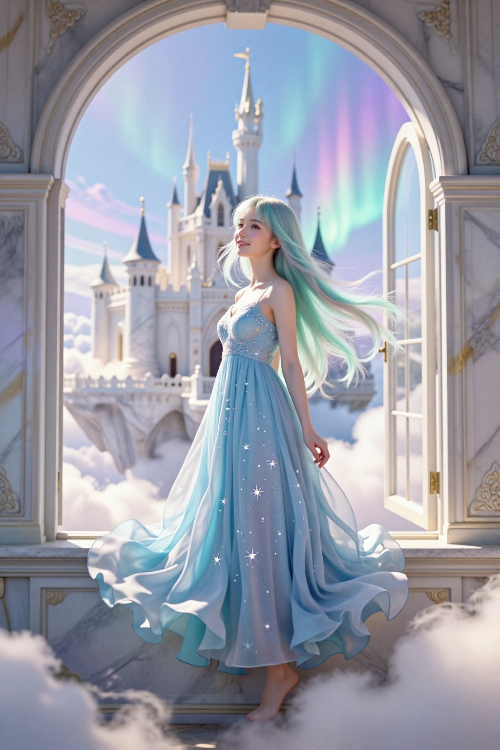 オーロラの窓辺で、風に髪を預けて