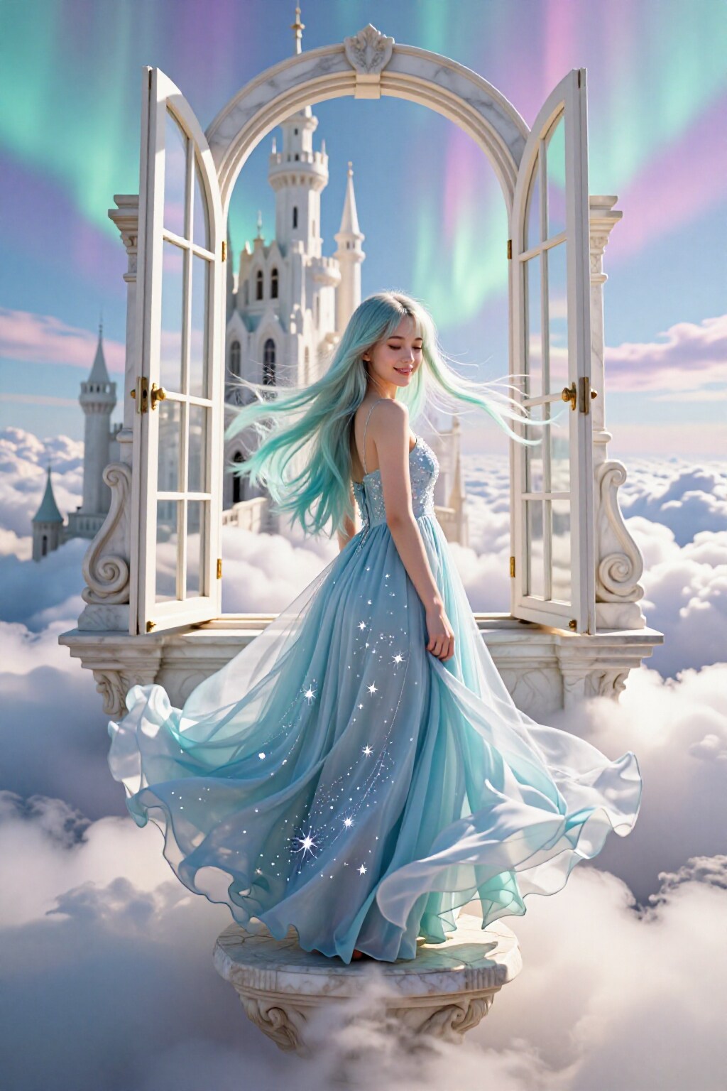 オーロラの窓辺で、風に髪を預けて