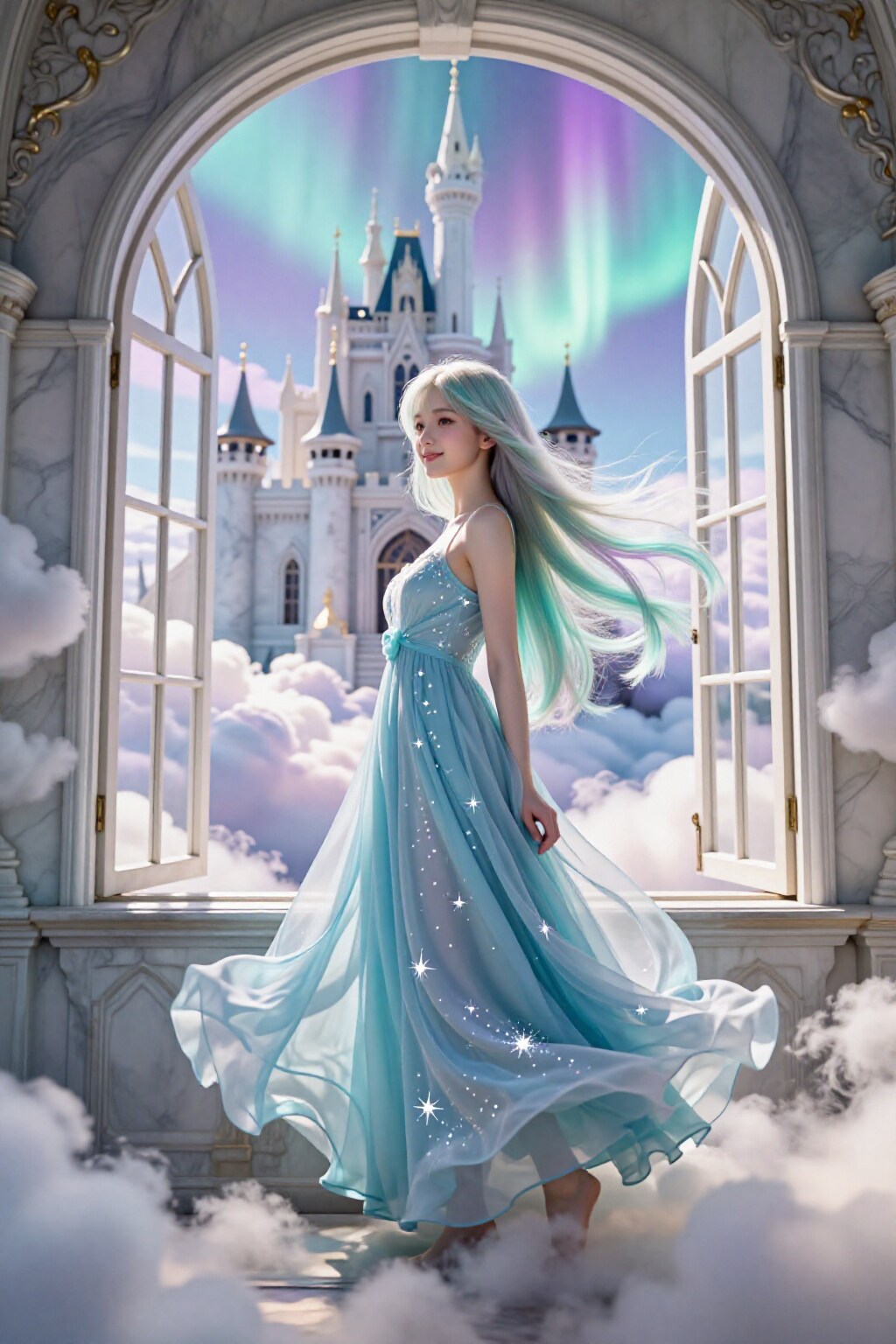 オーロラの窓辺で、風に髪を預けて