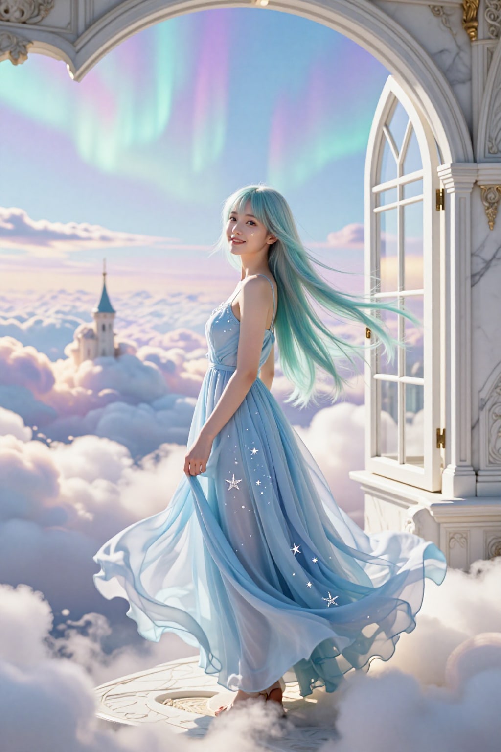 オーロラの窓辺で、風に髪を預けて