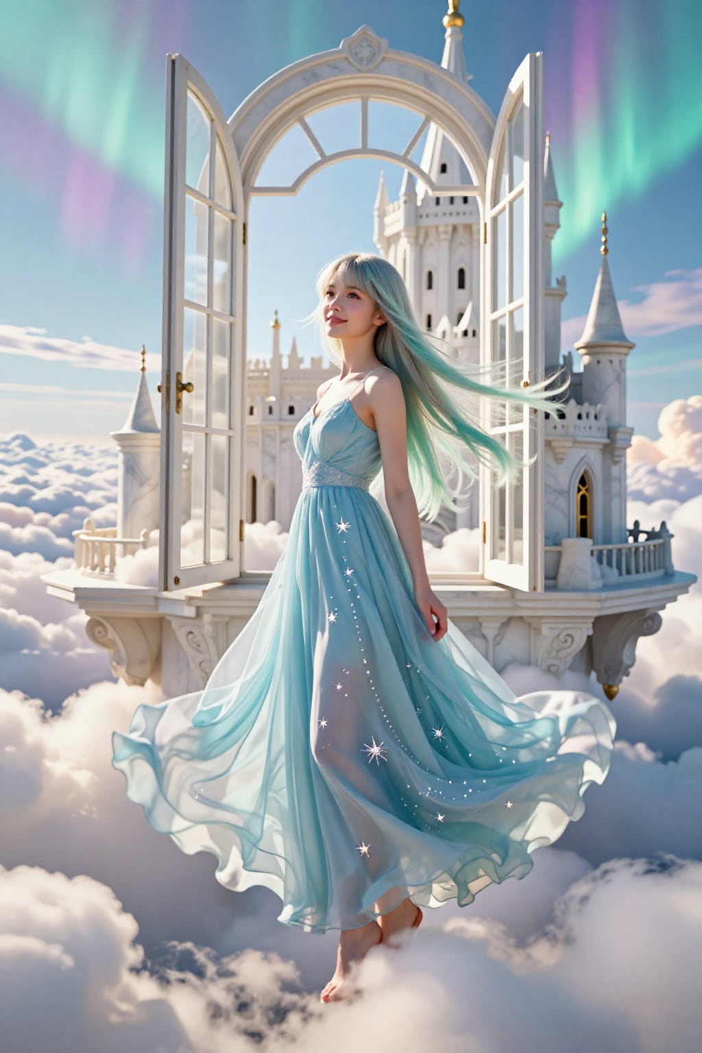 オーロラの窓辺で、風に髪を預けて