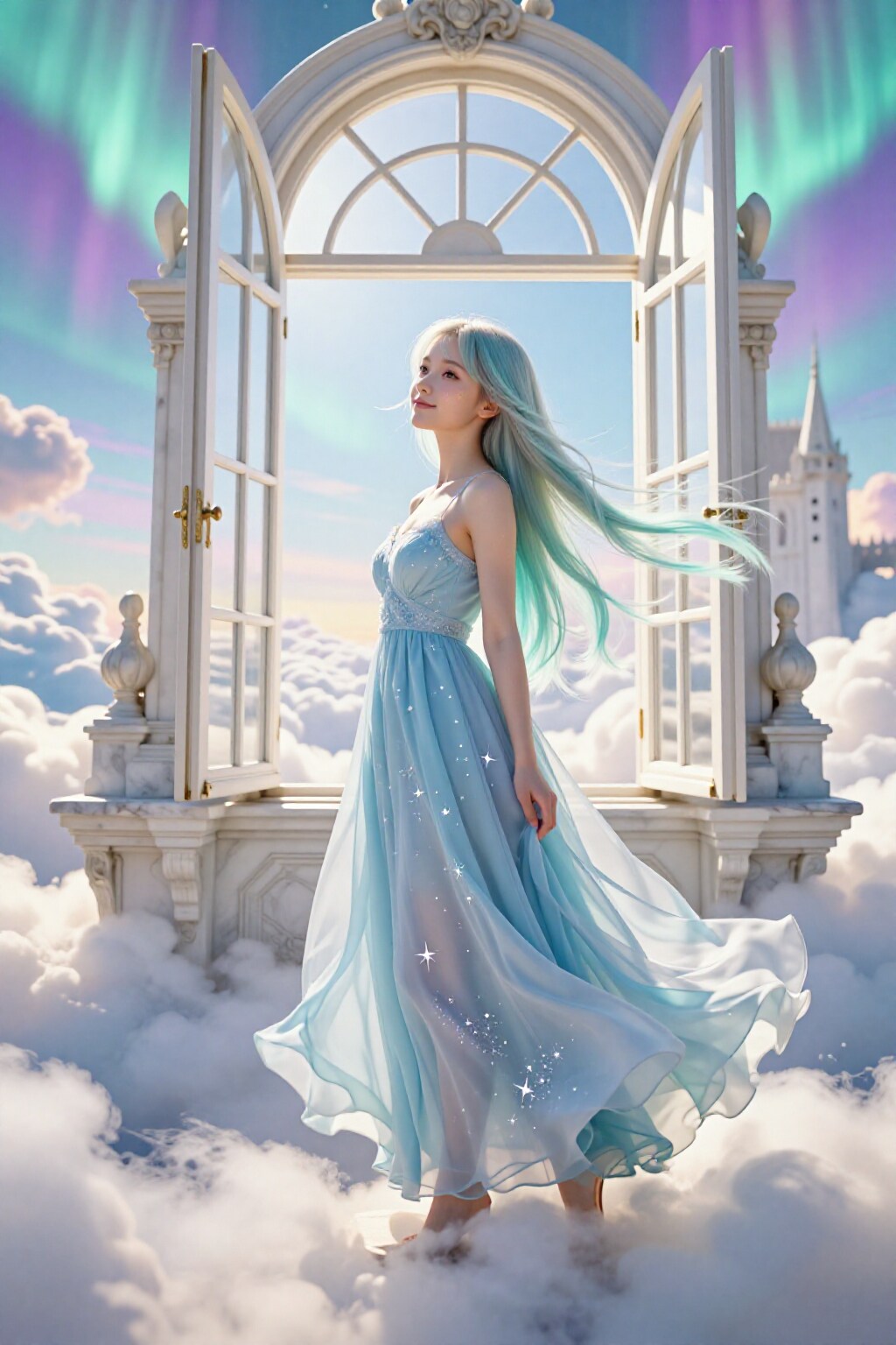 オーロラの窓辺で、風に髪を預けて