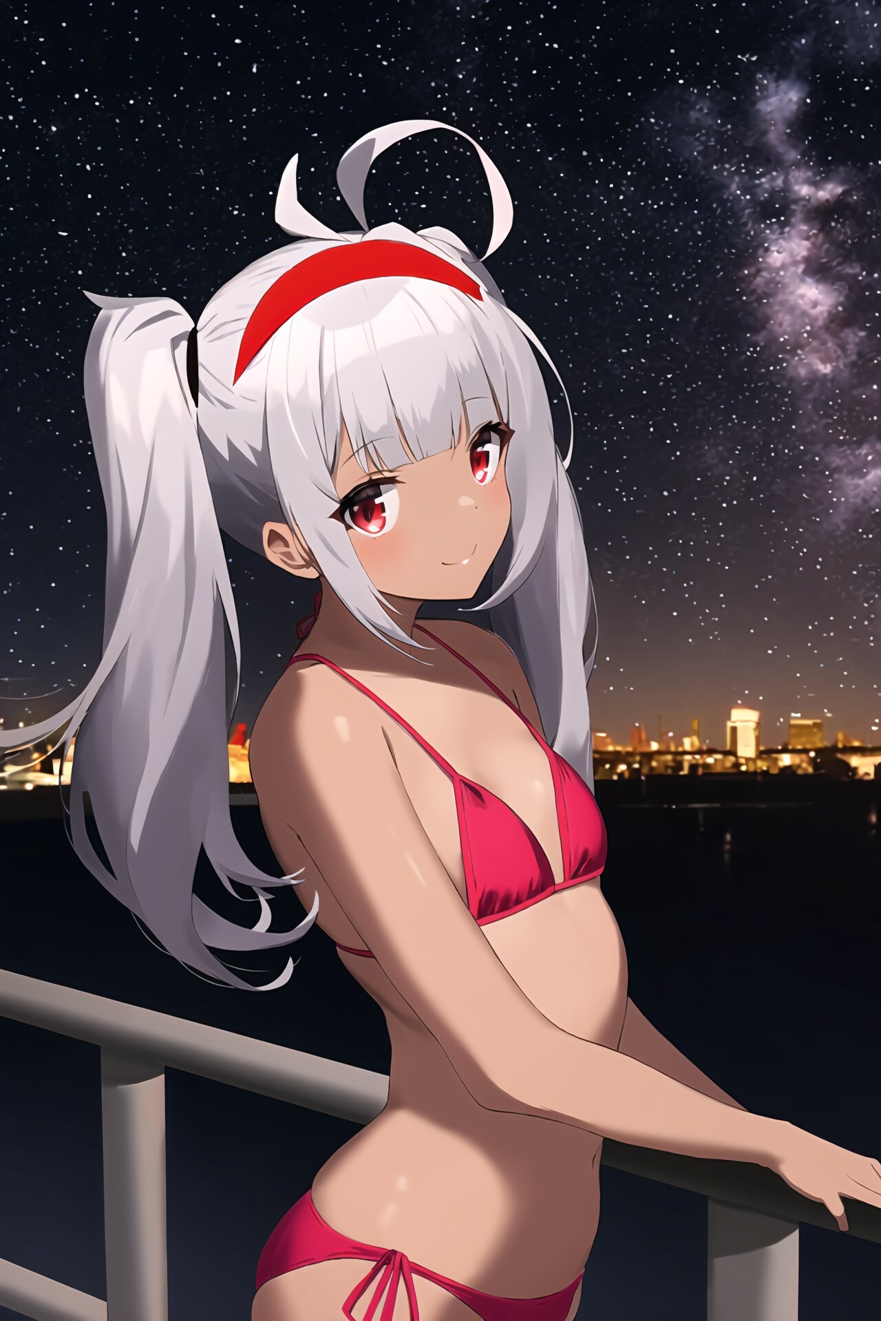 ビキニの銀髪褐色娘と夜景