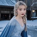 エルサが美しいドレスと魔法のケープで雪と氷の城を舞台に繰り広げる魔法のコスプレイヤー 2枚目