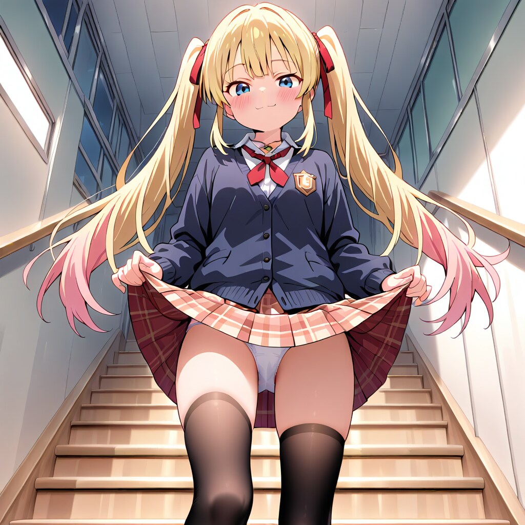 金髪ツインテJK莉奈の階段でスカートめくりパンチラ♡