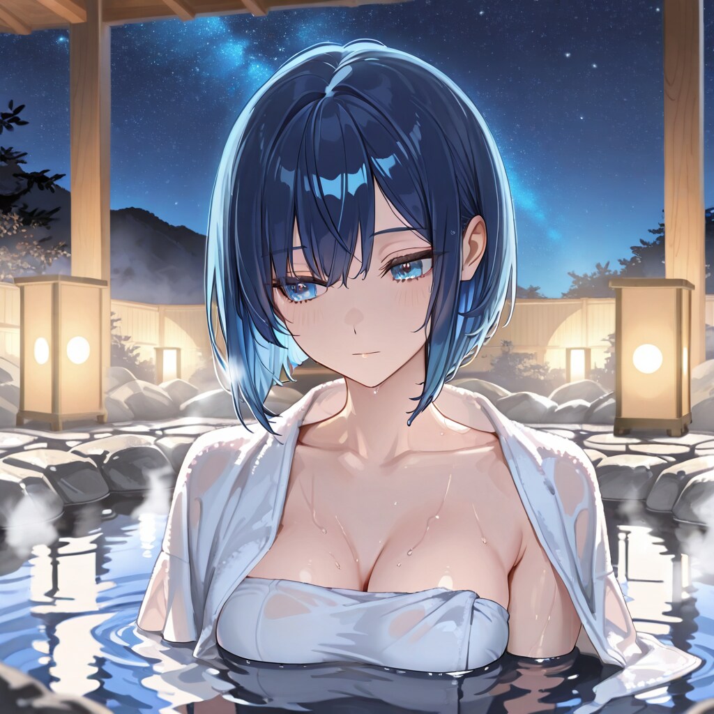 夜の湯けむり、静かな星