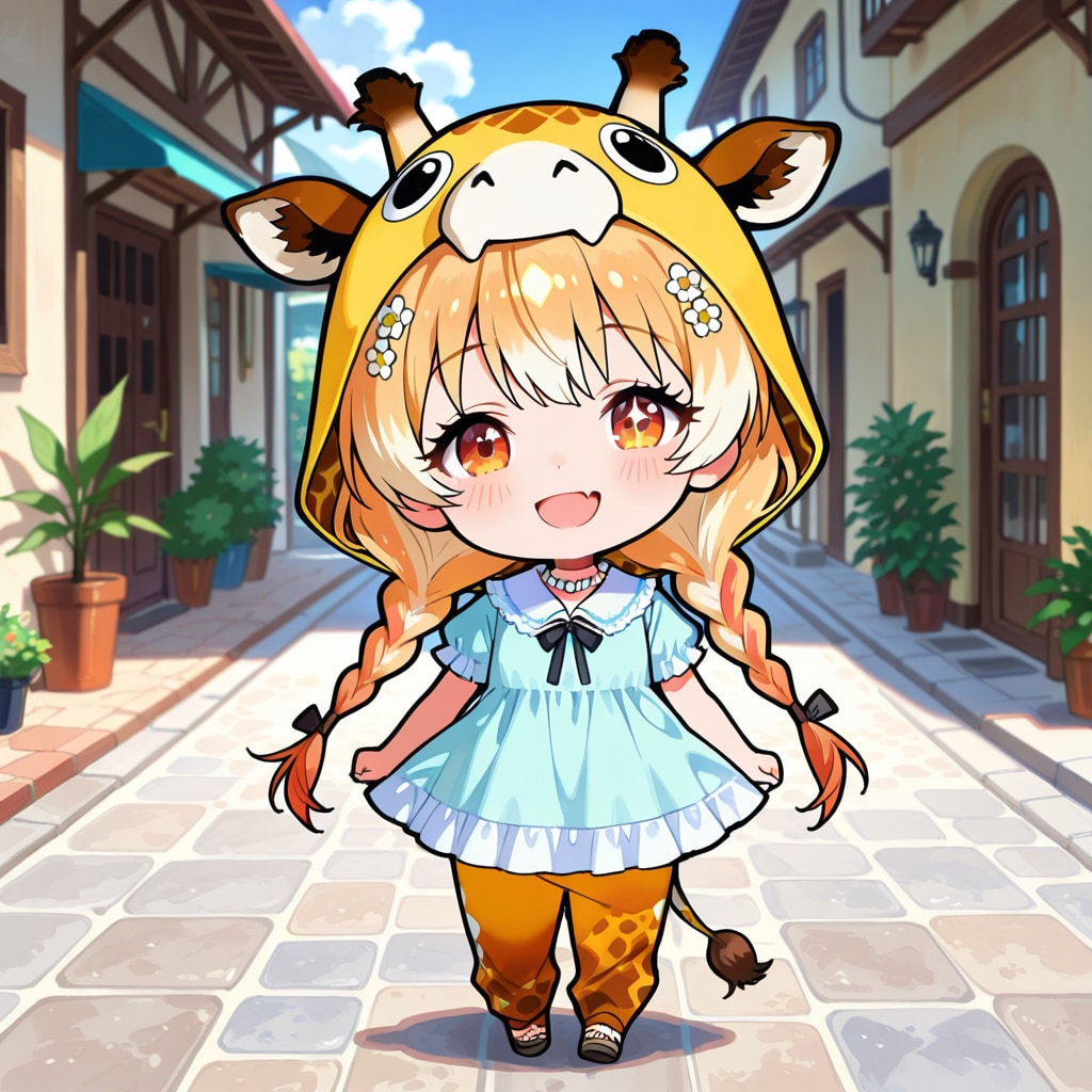 街中の水色ワンピースキリンフーディーちび子ちゃん