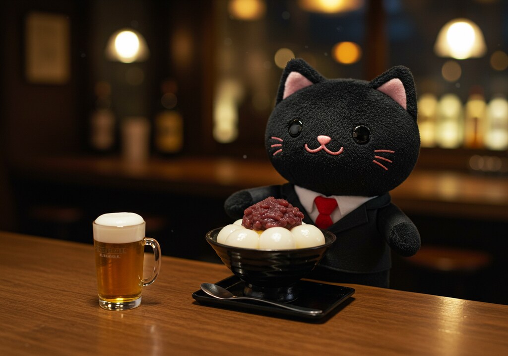 デザートの白玉善哉を黒猫バーの黒猫バーテンダーから御提供