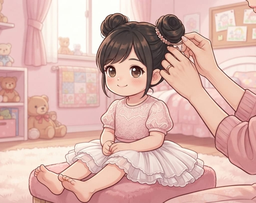 お団子にしてもらうちびちゃん💕