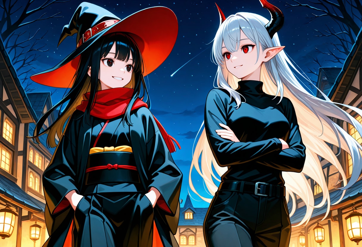 夜の散歩をする魔女さんと銀髪竜姫さん | の人気AIイラスト・グラビア