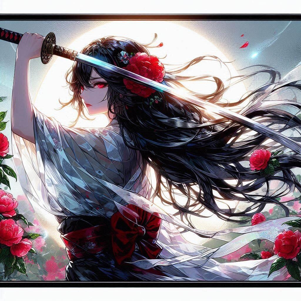 ガラス絵風の黒髪の女侍さん