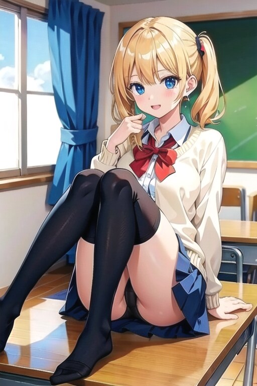 机に座るお行儀が悪い金髪ちゃん👿