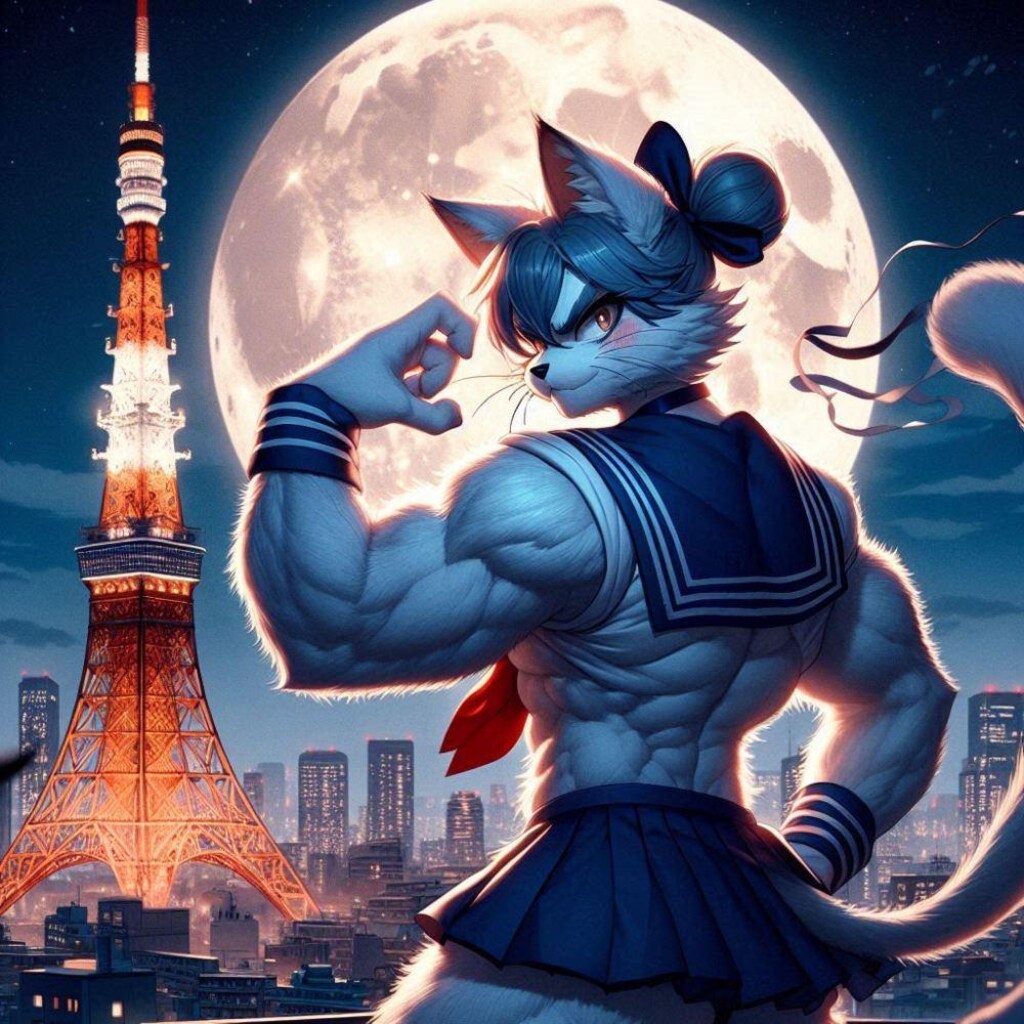 ファンタジー風 月夜のお団子ヘアーセーラー服コスプレ筋肉猫