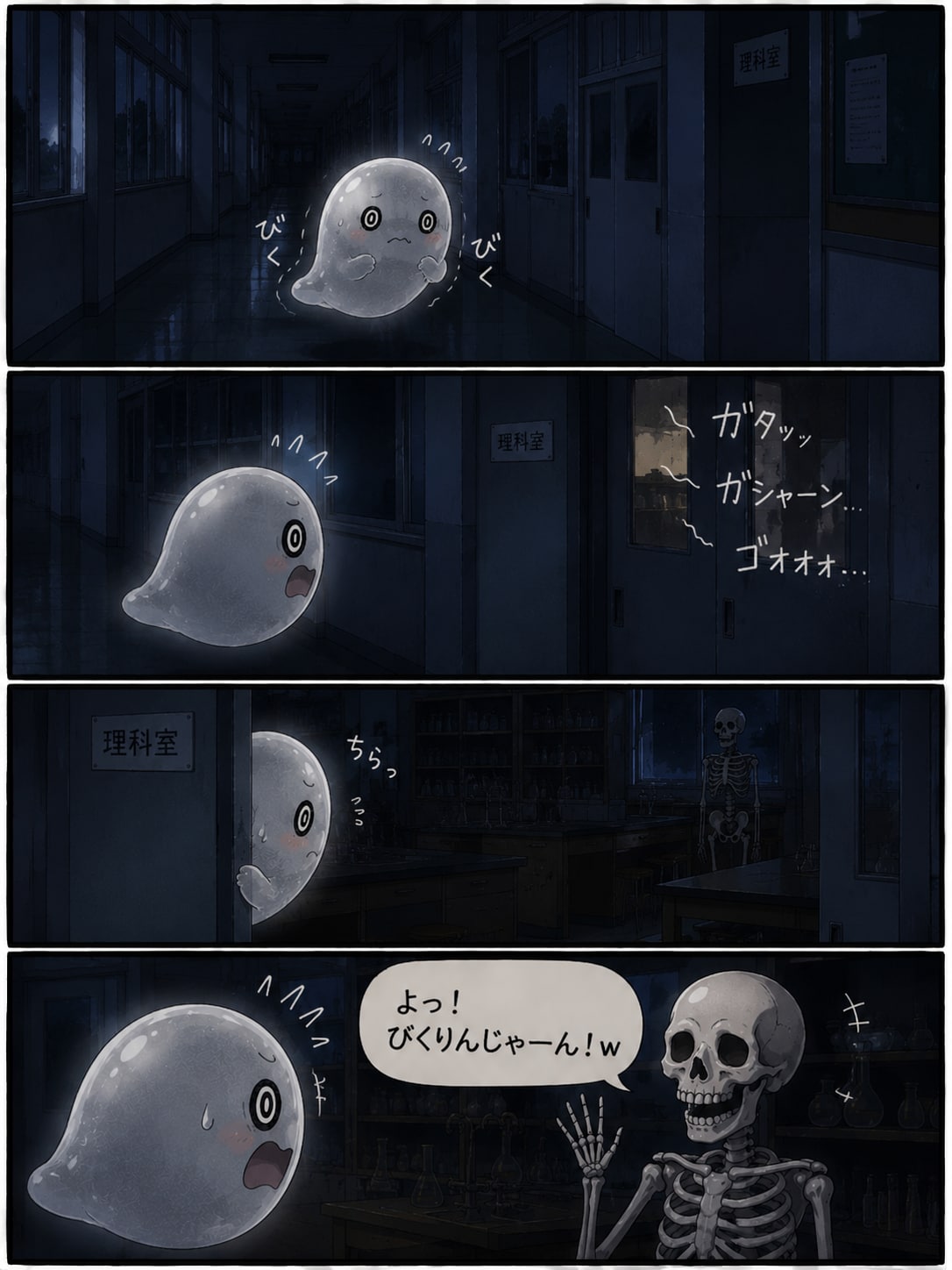 びくりん漫画「夜の学校探検 in 理科室」