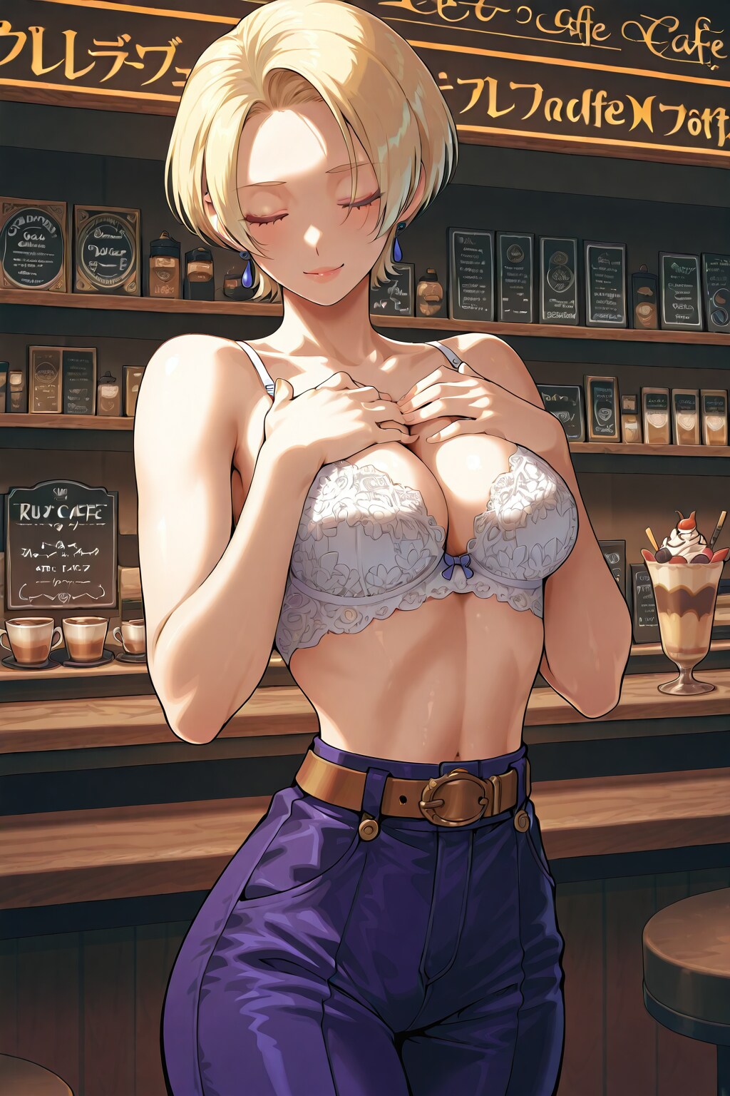 かっこかわいいカフェバーオーナージェシカ・ブレストンの純白レースブラジャー