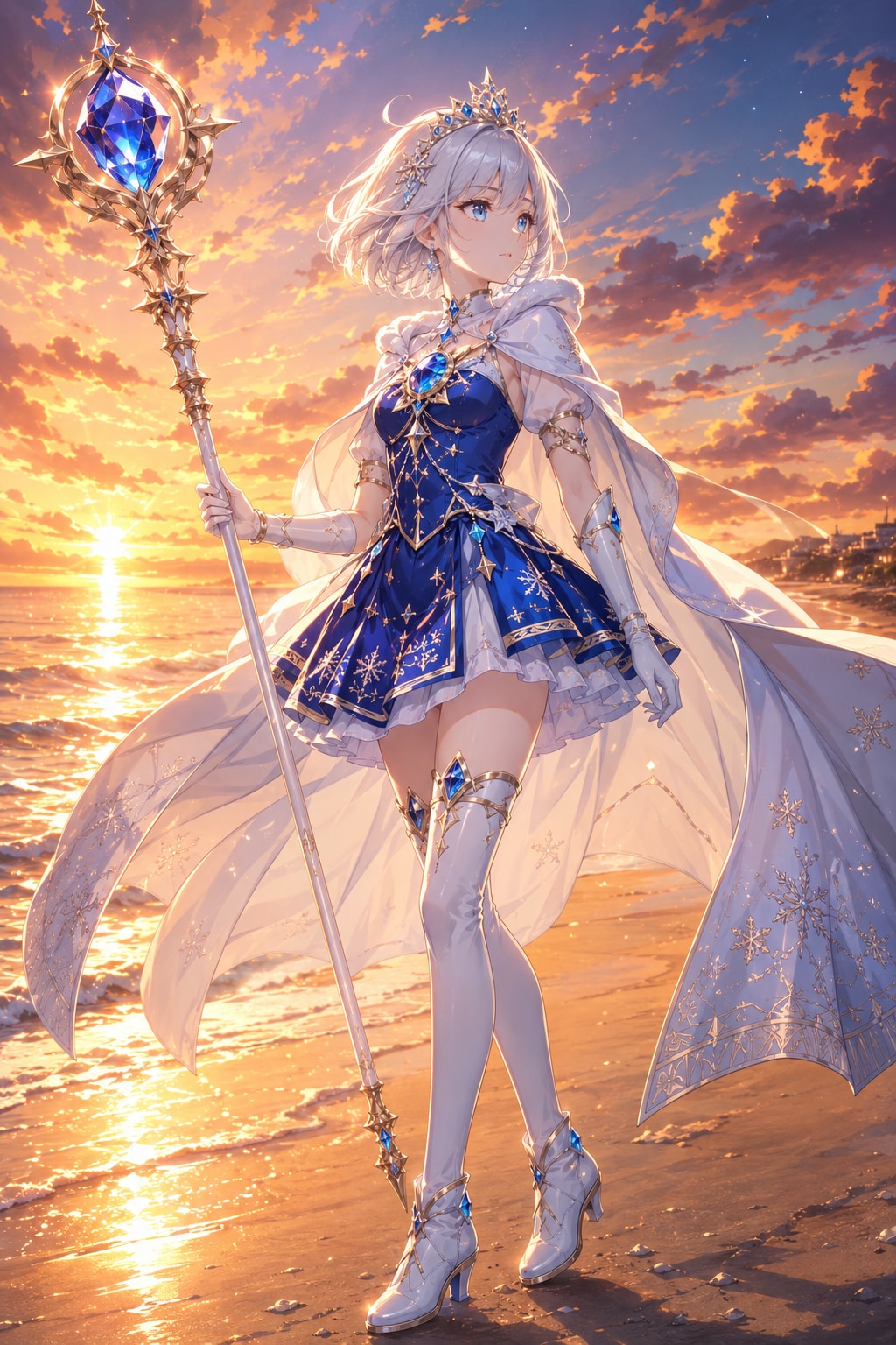 夕暮れの海岸と魔法少女