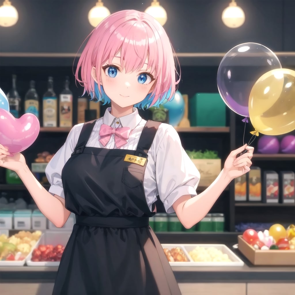 いっぱい風船を持つピンク髪ショートカットのお弁当屋さんの美女店員さん