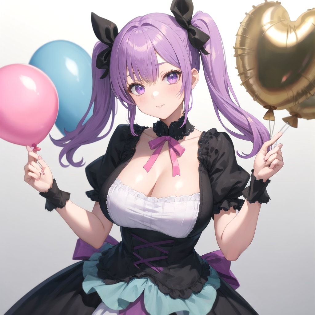 いっぱい色とりどりの風船を持つ紫髪ツインテールのゴスロリ衣装着た美女