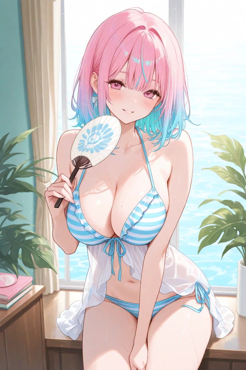 少女とうちわと扇風機