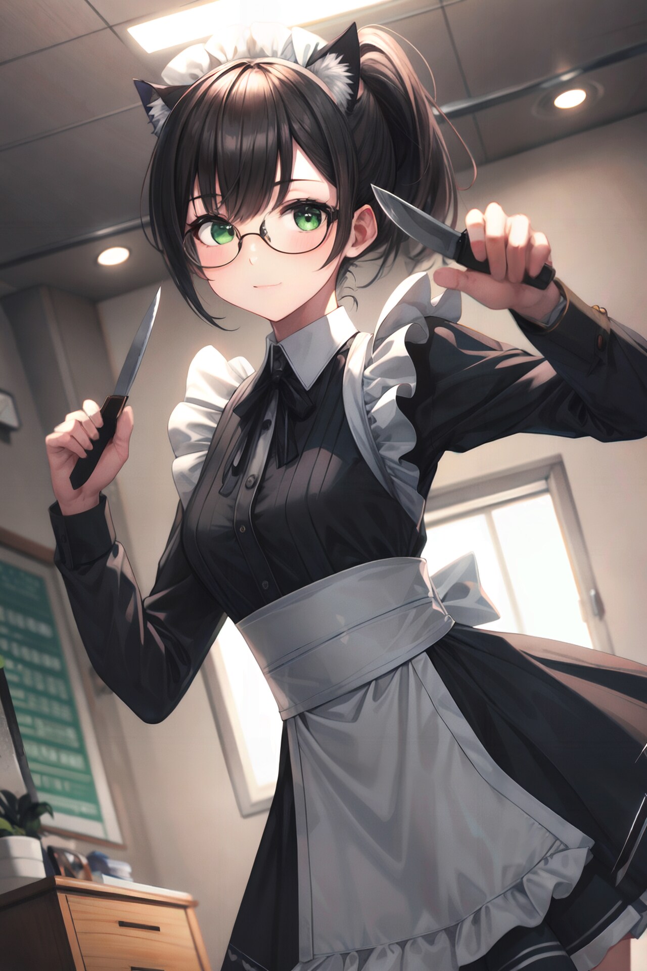 ナイフで戦う眼鏡猫耳メイドさん