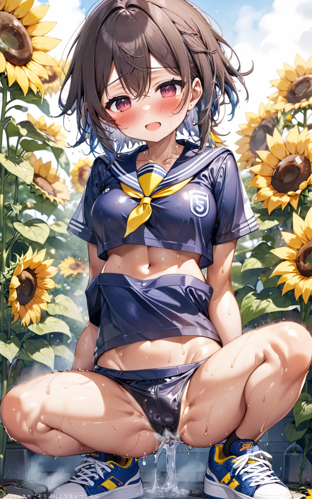 向日葵と水浴びする女の子