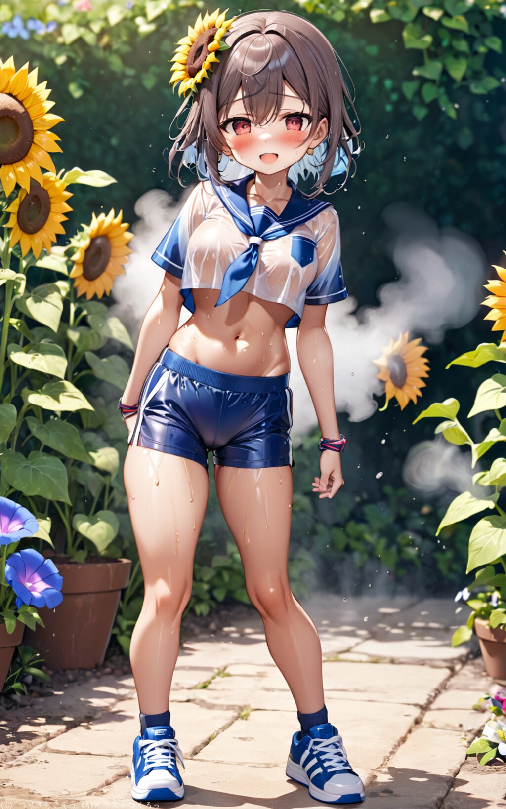 向日葵と水浴びする女の子