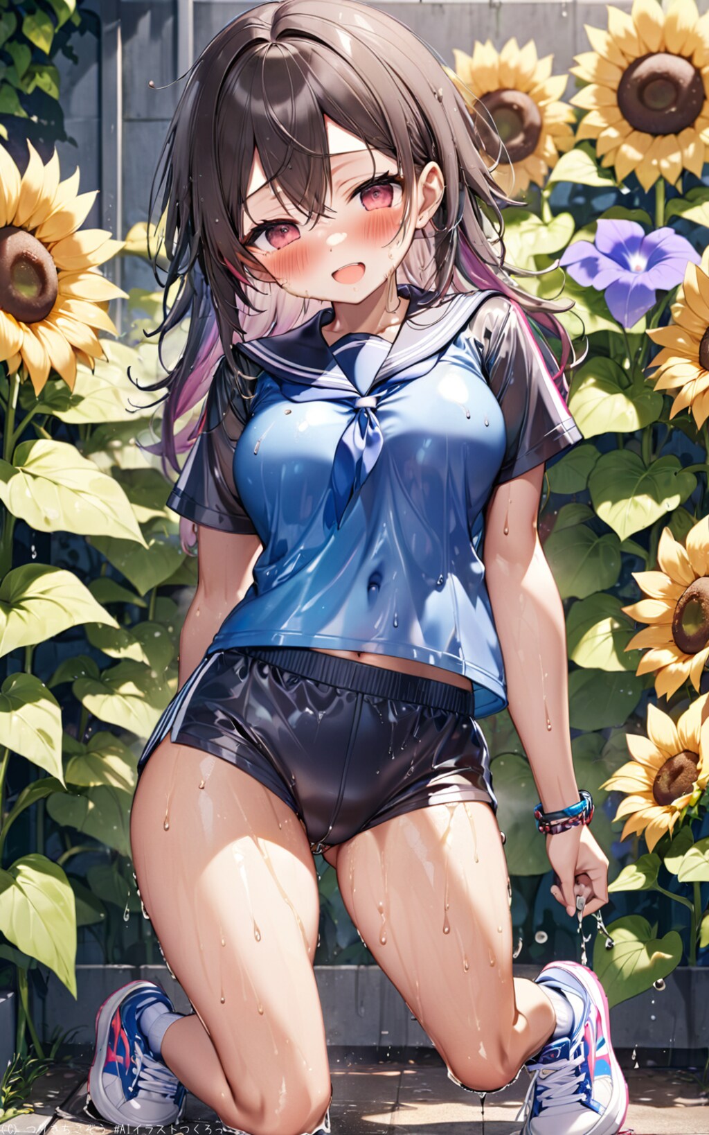 向日葵と水浴びする女の子