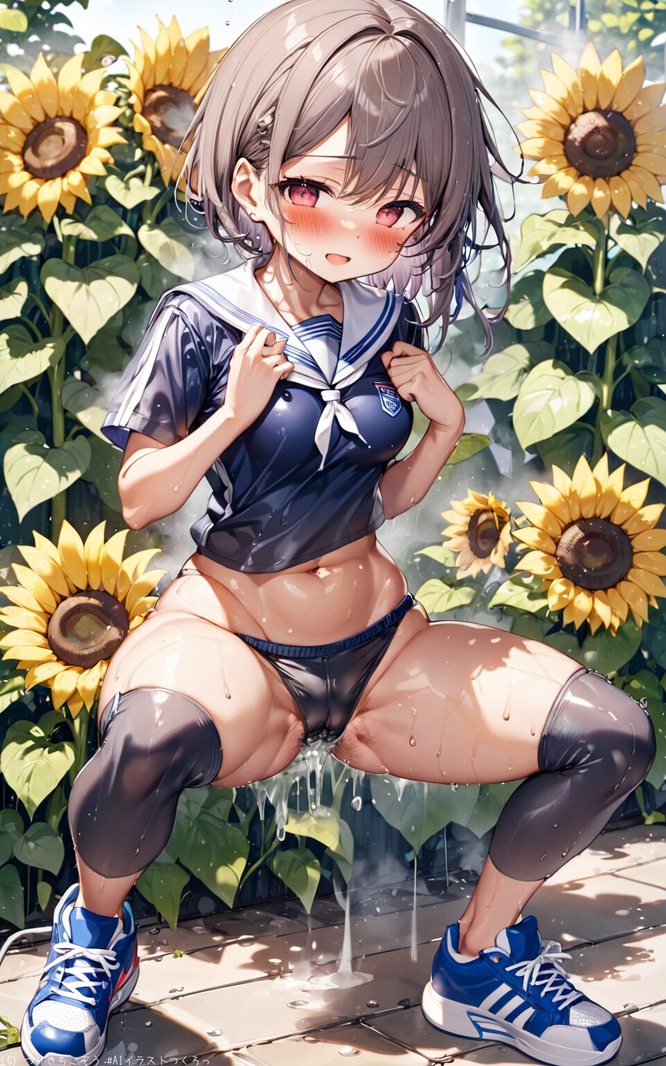 向日葵と水浴びする女の子