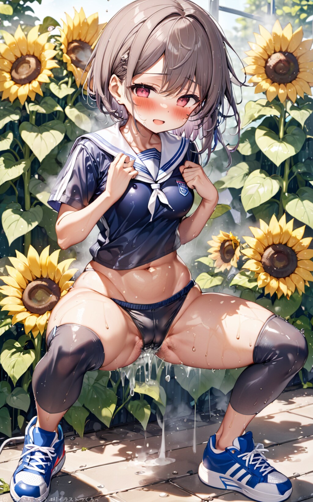 向日葵と水浴びする女の子